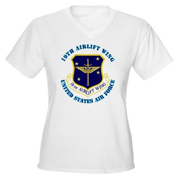 19AW - A01 - 04 - 19th Airlift Wing with Text - Women's V-Neck T-Shirt